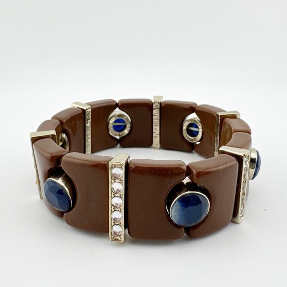 Vintage Brown Blue Gemstone Stretch Bangle Bracelet Retro Art Deco Style - Picture 6 of 8